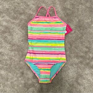 SO Pink Green Vibrant Multi Color One Piece Swimsuit with Stripes Girls size 7/8